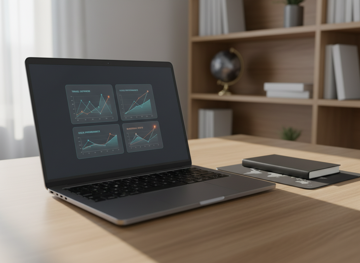 A sleek, modern workspace featuring a dark brushed-metal laptop open to a clean dashboard showing overlapping graphs of travel expenses, stock charts, and basketball statistics, all in cool blues and subtle oranges. The laptop rests on a light oak desk beside a slim black notebook and a minimalist world map embossed in silver on a mousepad. Soft morning daylight falls from the left through an unseen window, creating calm, diffused reflections on the laptop’s metallic surface. Shot at eye level with a shallow depth of field so the background dissolves into a gentle bokeh of shelves with neatly arranged books and a small globe. The photographic realism and balanced composition convey a professional, analytical yet aspirational mood.